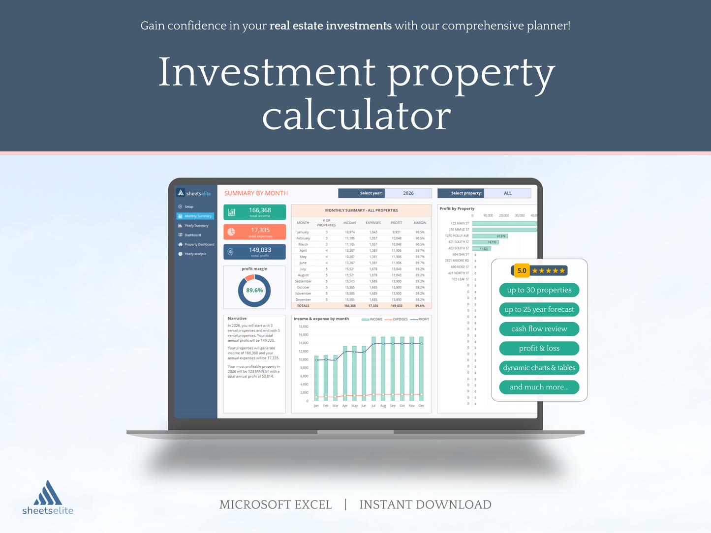 Investment property calculator - Microsoft Excel - Rental property - Real estate investment