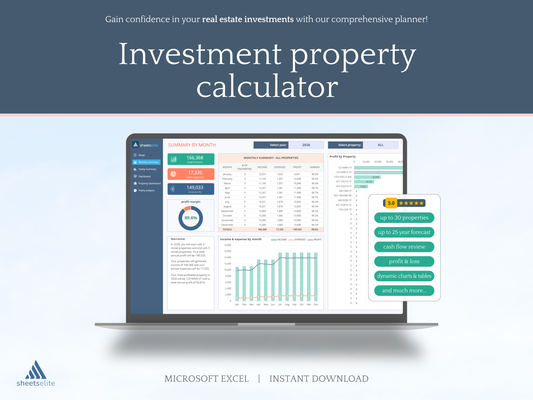 Investment property calculator - Microsoft Excel - Rental property - Real estate investment